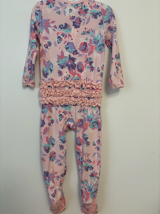 Ruffle Butts Pink Floral Footed One-Piece with Purple & Teal Blooms - Picture 2 of 6